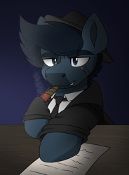 Size: 2077x2821 | Tagged: safe, artist:rokosmith26, imported from derpibooru, oc, oc only, oc:slim kinslow, earth pony, pony, fallout equestria, blazer, cigar, clothes, desk, earth pony oc, hat, looking at something, male, necktie, paper, scar, shirt, simple background, smiling, smoking, solo, stallion