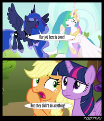 Size: 1288x1488 | Tagged: safe, edit, edited screencap, editor:teren rogriss, imported from derpibooru, screencap, applejack, princess celestia, princess luna, rarity, twilight sparkle, alicorn, earth pony, pony, unicorn, between dark and dawn, comic, screencap comic, twilight sparkle (alicorn)