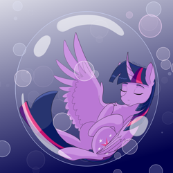 Size: 2000x2000 | Tagged: safe, artist:maravor, imported from derpibooru, twilight sparkle, alicorn, pony, bubble, chest fluff, cute, eyes closed, female, high res, in bubble, mare, simple background, sleeping, smiling, solo, twiabetes, twilight sparkle (alicorn)