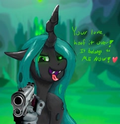 Size: 1983x2048 | Tagged: safe, artist:phutashi, imported from derpibooru, queen chrysalis, changeling, changeling queen, bust, fangs, female, gun, hand, handgun, holiday, looking at you, open mouth, pistol, robbery, solo, suddenly hands, talking to viewer, valentine's day