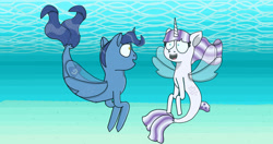 Size: 1280x675 | Tagged: safe, artist:lemonade-pines, imported from derpibooru, night light, twilight velvet, seapony (g4), female, male, nightvelvet, ocean, seaponified, shipping, species swap, straight, underwater, water