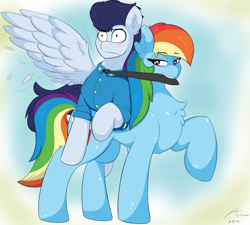 Size: 3000x2700 | Tagged: safe, artist:astrum, imported from derpibooru, rainbow dash, soarin', pegasus, pony, bedroom eyes, biting, blushing, chest fluff, clothes, cute, digital art, dress shirt, feather, female, flirting, flying, folded wings, grin, height difference, high res, larger female, male, mare, necktie, nervous, pulling, raised hoof, raised leg, shipping, shirt, size difference, smaller male, smiling, smirk, soarindash, spread wings, stallion, straight, surprised, uniform, wide eyes, wings, wonderbolts dress uniform