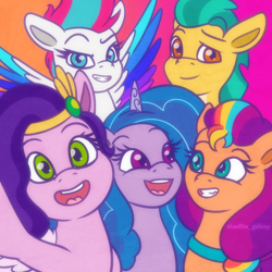 Size: 2000x2000 | Tagged: safe, artist:shad0w-galaxy, imported from derpibooru, hitch trailblazer, izzy moonbow, pipp petals, sunny starscout, zipp storm, earth pony, pegasus, pony, unicorn, adorapipp, adorazipp, cute, female, g5, high res, hitchbetes, izzybetes, looking at you, male, mane five (g5), mane stripe sunny, mare, my little pony: tell your tale, open mouth, smiling, stallion, sunnybetes