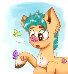 Size: 1651x1805 | Tagged: safe, artist:galaxy swirl, imported from derpibooru, hitch trailblazer, butterfly, earth pony, insect, pony, adorable distress, chest fluff, critter magnet, cute, g5, hitchbetes, male, my little pony: a new generation, open mouth, raised hoof, stallion