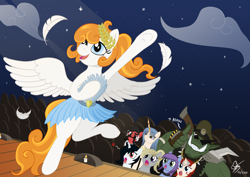 Size: 3507x2481 | Tagged: safe, artist:saillard, imported from derpibooru, oc, oc:cast bronze, oc:castle lady, oc:schezar, oc:starmaid blazing, oc:swan aurora, oc:whirlwind major, earth pony, ogre, pegasus, pony, unicorn, clothes, earth pony oc, female, horn, male, pegasus oc, skirt, stage, unicorn oc