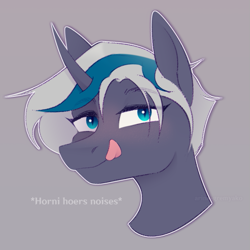 Size: 709x709 | Tagged: safe, artist:arina-gremyako, imported from derpibooru, oc, oc only, oc:elizabat stormfeather, alicorn, bat pony, pony, alicorn oc, bat pony oc, bedroom eyes, blushing, descriptive noise, female, gray background, horn, horny, licking, licking lips, mare, simple background, solo, tongue out, wings