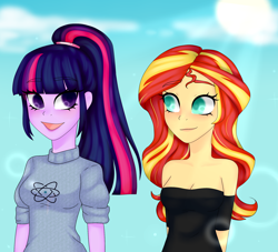 Size: 2000x1818 | Tagged: safe, artist:thecreativerey, imported from derpibooru, sci-twi, sunset shimmer, twilight sparkle, equestria girls, bare shoulders, breasts, cleavage, clothes, duo, female, lesbian, scitwishimmer, shipping, smiling, sunsetsparkle