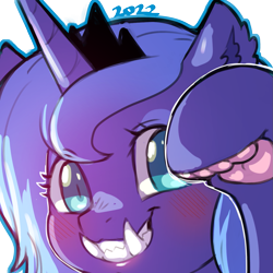 Size: 1159x1159 | Tagged: safe, artist:cold-blooded-twilight, imported from derpibooru, princess luna, alicorn, blushing, ear fluff, fangs, paw pads, paws, simple background, slit pupils, solo, species swap, transparent background