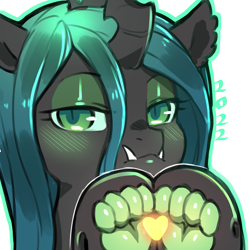 Size: 1159x1159 | Tagged: safe, artist:cold-blooded-twilight, imported from derpibooru, queen chrysalis, changeling, changeling queen, bedroom eyes, ear fluff, fangs, female, heart, paw pads, paws, simple background, slit pupils, solo, species swap, transparent background