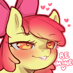 Size: 1159x1159 | Tagged: safe, artist:cold-blooded-twilight, imported from derpibooru, apple bloom, earth pony, pony, bedroom eyes, blushing, bow, dialogue, female, filly, foal, heart, heart eyes, simple background, smiling, solo, transparent background, wingding eyes