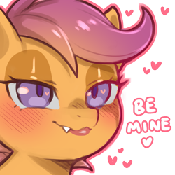 Size: 1159x1159 | Tagged: safe, artist:cold-blooded-twilight, imported from derpibooru, scootaloo, pegasus, pony, bedroom eyes, blushing, dialogue, eyeshadow, fangs, female, filly, foal, heart, heart eyes, makeup, simple background, smiling, solo, transparent background, wingding eyes