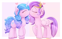 Size: 1920x1224 | Tagged: safe, artist:phoenixrk49, imported from derpibooru, izzy moonbow, pipp petals, pegasus, pony, unicorn, bracelet, duo, emanata, eyes closed, female, g5, heart, izzypipp, jewelry, kiss on the lips, kissing, lesbian, mare, my little pony: a new generation, shipping, side view, simple background