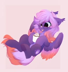 Size: 1428x1520 | Tagged: safe, artist:little-sketches, imported from derpibooru, oc, oc only, oc:ardent dusk, bat pony, hybrid, pegasus, pony, chocolate, cute, food, glasses, hot chocolate, pegabat, solo