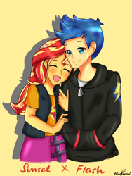 Size: 1050x1400 | Tagged: safe, artist:cuteprincesskawaii15, imported from derpibooru, flash sentry, sunset shimmer, equestria girls, clothes, eyes closed, female, flashimmer, hand in pocket, happy, jacket, male, open mouth, open smile, shipping, smiling, straight, vest