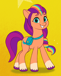 Size: 600x750 | Tagged: safe, artist:luminousdazzle, imported from derpibooru, sunny starscout, earth pony, pony, coat markings, eyebrows, female, g5, grin, looking at you, mane stripe sunny, mare, multicolored hair, my little pony: tell your tale, rainbow hair, redesign, redraw, smiling, smiling at you, socks (coat markings), solo, unshorn fetlocks