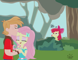 Size: 1422x1104 | Tagged: safe, artist:dashdeviant, imported from derpibooru, apple bloom, big macintosh, fluttershy, equestria girls, annoyed, eyes closed, female, fluttermac, forehead kiss, holding hands, holiday, kissing, male, shipping, smiling, spying, straight, valentine's day