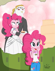 Size: 1302x1680 | Tagged: safe, artist:dashdeviant, imported from derpibooru, bulk biceps, pinkie pie, equestria girls, cake, clothes, dress, fantasizing, female, food, holiday, male, pieceps, ponytail, shipping, straight, thought bubble, tuxedo, valentine's day, wedding cake, wedding dress