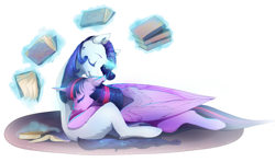 Size: 1045x620 | Tagged: safe, artist:aidapone, imported from derpibooru, rarity, twilight sparkle, alicorn, pony, unicorn, book, duo, female, glowing, glowing horn, horn, lesbian, magic, rarilight, shipping, simple background, telekinesis, twilight sparkle (alicorn), white background