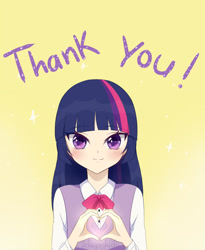 Size: 850x1036 | Tagged: safe, artist:ichigochichi, imported from derpibooru, twilight sparkle, human, clothes, eyebrows, eyebrows visible through hair, female, gradient background, heart hands, humanized, looking at you, smiling, smiling at you, solo, text