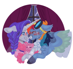 Size: 1280x1215 | Tagged: safe, artist:joburii, imported from derpibooru, rainbow dash, rarity, oc, oc:firefly, pony, baby, baby pony, curtains, female, goggles, lesbian, lightning, magical lesbian spawn, mother and child, offspring, parent:rainbow dash, parent:rarity, parents:raridash, raridash, shipping, simple background, transparent background, window