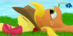 Size: 1006x506 | Tagged: safe, artist:neitronik, imported from derpibooru, apple bloom, applejack, earth pony, pony, duo, duo female, eyes closed, female, filly, flower, flower in mouth, foal, grass, lying down, mare, mouth hold, on back