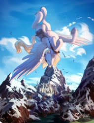 Size: 2500x3274 | Tagged: safe, artist:silentwulv, imported from derpibooru, derpy hooves, bird, pegasus, pony, canterlot, female, flying, mailbag, mailmare, mare, mountain, mountain range, scenery, smiling, solo, spread wings, underhoof, wings