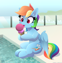 Size: 2452x2500 | Tagged: safe, artist:andaluce, artist:pabbley, imported from derpibooru, rainbow dash, pegasus, pony, backwards cutie mark, cute, dashabetes, female, food, heart, heart eyes, ice cream, ice cream cone, mare, poolside, sitting, solo, swimming pool, wingding eyes