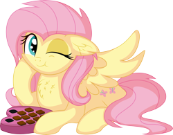 Size: 7102x5540 | Tagged: safe, artist:cyanlightning, imported from derpibooru, fluttershy, pegasus, pony, .svg available, absurd resolution, chest fluff, chocolate, cute, ear fluff, eating, female, food, looking at you, lying down, mare, one eye closed, prone, shyabetes, simple background, sitting, smiling, solo, spread wings, transparent background, vector, wings, wink