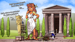 Size: 3950x2205 | Tagged: safe, artist:jarethnerl, imported from derpibooru, oc, oc only, oc:amber shine, oc:tomson, anthro, plantigrade anthro, ancient greece, barefoot sandals, breasts, clothes, facepalm, feet, female, giantess, goddess, greece, growth, macro, my cabbages, sandals, statue, temple, toga