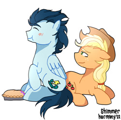 Size: 1024x1017 | Tagged: safe, artist:shimmerharmony4215, imported from derpibooru, applejack, soarin', earth pony, pegasus, pony, apple, apple pie, eating, female, food, herbivore, lying down, male, mare, pie, prone, shipping, simple background, sitting, soarinjack, stallion, straight, white background