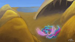 Size: 1366x768 | Tagged: safe, artist:glacialfalls, imported from derpibooru, twilight sparkle, alicorn, pony, cave, female, scenery, solo, spread wings, twilight sparkle (alicorn), wings