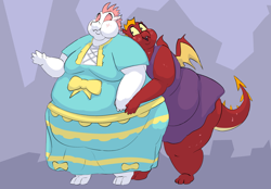 Size: 2975x2068 | Tagged: safe, artist:lupin quill, imported from derpibooru, fizzle, garble, dragon, belly, bhm, big belly, bingo wings, blushing, chubby cheeks, clothes, crossdressing, double chin, dress, fat, fat fetish, fetish, gay, hug, male, moobs, morbidly obese, obese, open mouth, simple background, thighs, thunder thighs