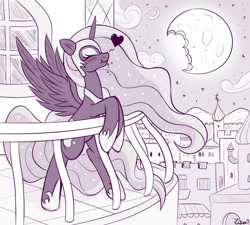 Size: 2000x1800 | Tagged: safe, artist:anonymous, nightmare moon, alicorn, pony, balcony, blushing, canterlot, eating, eyes closed, female, heart, mare, monochrome, moon, night, night sky, railing, sky, smiling, spread wings, wings