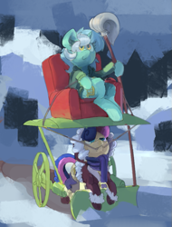 Size: 603x793 | Tagged: safe, artist:rhorse, edit, bon bon, lyra heartstrings, sweetie drops, earth pony, pony, unicorn, bon bon is not amused, chair, clothes, coat, female, mare, mop, mouth hold, smiling, snow, snow plow, unamused