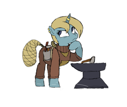 Size: 981x827 | Tagged: safe, artist:kabayo, oc, oc only, pony, unicorn, aggie.io, anvil, clothes, female, hammer, hoof on chin, horn, horn ring, mare, raised hoof, ring, simple background, solo, thinking, toolbelt, tools, white background