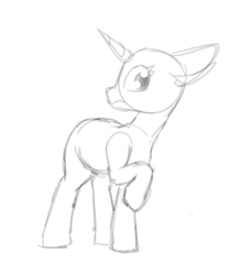 Size: 932x1028 | Tagged: safe, artist:anonymous, artist:firecracker, pony, unicorn, aggie.io, female, horn, mare, monochrome, raised hoof, simple background, sketch, solo, wip