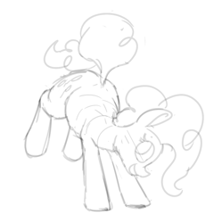 Size: 944x948 | Tagged: safe, artist:firecracker, pinkie pie, earth pony, pony, aggie.io, female, looking back, mare, monochrome, simple background, smiling, solo, standing on front legs, wip