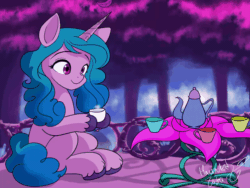 Size: 1280x960 | Tagged: safe, artist:hauntedtuba, imported from derpibooru, izzy moonbow, pony, unicorn, cup, food, g5, smiling, solo, tea