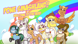 Size: 2080x1170 | Tagged: safe, artist:cocaine, imported from derpibooru, oc, oc only, oc:adrianee, oc:aero, oc:chase, oc:donut daydream, oc:doodles, oc:petal brass, oc:princess coke, alicorn, earth pony, pegasus, unicorn, zebra, zebra alicorn, community, discord (program), g5, group photo, hug, my little pony: tell your tale, rainbow, smiling