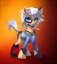 Size: 1253x1410 | Tagged: safe, artist:limreiart, imported from derpibooru, oc, oc only, oc:firefly (fallout equestria: promise), earth pony, pony, fallout equestria, angry, chest fluff, clothes, coat markings, earth pony oc, fallout equestria: promise, female, filly, foal, heterochromia, jumpsuit, knife, looking at you, messy mane, mouth hold, orange background, pinto, pipbuck, simple background, solo, standing, three quarter view, torn clothes, vault suit, white hair