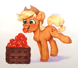 Size: 1071x938 | Tagged: safe, artist:muhomora, imported from derpibooru, applejack, earth pony, pony, apple, applejack's hat, cowboy hat, female, food, hat, looking down, mare, marker drawing, mouth hold, simple background, sketch, smiling, solo, traditional art, white background