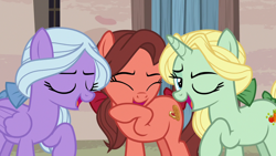 Size: 1280x720 | Tagged: safe, imported from derpibooru, screencap, dear darling, fond feather, swoon song, earth pony, pegasus, pony, unicorn, hard to say anything, ^^, bimbettes, eyes closed, female, looking at you, mare, one eye closed, open mouth, swoon, trio, trio female, wink, winking at you