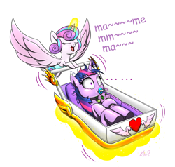 Size: 1751x1666 | Tagged: safe, artist:questionmarkdragon, imported from derpibooru, princess flurry heart, spike, twilight sparkle, alicorn, pony, ..., aunt and niece, baby, baby carriage, baby pony, baby talk, duo, eyes closed, female, filly, foal, mare, open mouth, pacifier, plushie, role reversal, shrunken pupils, spread wings, stroller, twilight sparkle (alicorn), wings