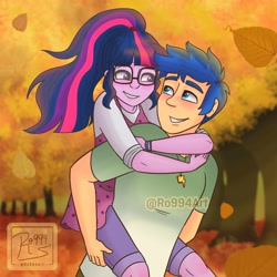 Size: 2100x2100 | Tagged: safe, artist:ro994, imported from derpibooru, flash sentry, sci-twi, twilight sparkle, equestria girls, autumn, blushing, falling leaves, female, flashlight, leaves, looking at each other, looking at someone, male, piggyback ride, sciflash, shipping, smiling, smiling at each other, straight, tree, watermark