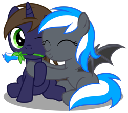 Size: 3410x3020 | Tagged: safe, artist:strategypony, imported from derpibooru, oc, oc only, oc:diamond azure, oc:galahad lazuli, bat pony, unicorn, colt, cute, daaaaaaaaaaaw, duo, eyes closed, female, filly, flower, flower in mouth, foal, galamond, hearts and hooves day, holiday, horn, hug, male, mouth hold, ocbetes, one eye closed, shipping, simple background, spread wings, transparent background, valentine's day, wholesome, wings