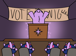 Size: 770x568 | Tagged: safe, artist:str8aura-draws-horses-and-stuff, imported from derpibooru, twilight sparkle, twilight sparkle's secret shipfic folder, banner, clone, election, stage, stars, twiggie