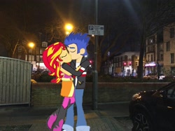 Size: 3256x2440 | Tagged: safe, artist:yungdeez, imported from derpibooru, flash sentry, sunset shimmer, human, equestria girls, equestria girls in real life, female, flashimmer, irl, kiss on the lips, kissing, male, photo, shipping, straight