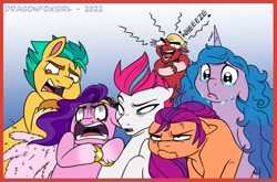 Size: 2303x1520 | Tagged: safe, artist:dragonfoxgirl, imported from derpibooru, hitch trailblazer, izzy moonbow, pipp petals, sprout cloverleaf, sunny starscout, zipp storm, earth pony, pegasus, pony, unicorn, 2022, crying, do not want, drama, female, floppy ears, g5, headband, laughing, laughing mad, male, mane five (g5), mare, my little pony: a new generation, my little pony: tell your tale, new mane six (g5), open mouth, revenge, sad hitch, sad izzy, sad pony, stallion, sunny starscout is not amused, tears of laughter, tell your tale drama, unamused, unshorn fetlocks, wheeze