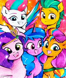 Size: 2038x2416 | Tagged: safe, artist:liaaqila, imported from derpibooru, hitch trailblazer, izzy moonbow, pipp petals, sunny starscout, zipp storm, earth pony, pegasus, pony, unicorn, female, g5, male, mane five (g5), mane stripe sunny, mare, my little pony: tell your tale, squishy cheeks, stallion, traditional art