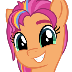 Size: 1041x1041 | Tagged: safe, artist:cheezedoodle96, imported from derpibooru, sunny starscout, earth pony, pony, .svg available, bust, female, g4, g5, g5 to g4, looking at you, mane stripe sunny, mare, multicolored hair, my little pony: a new generation, portrait, rainbow hair, simple background, smiling, solo, svg, transparent background, vector, vector trace